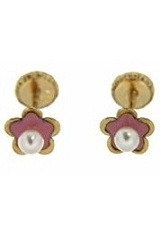 delightful little pink enamel flower pearl baby earrings